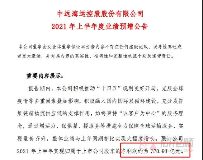 370億！中遠(yuǎn)?？貥I(yè)績(jī)炸裂 半年賺的錢比過去3年還多一倍 股價(jià)更是一年10倍