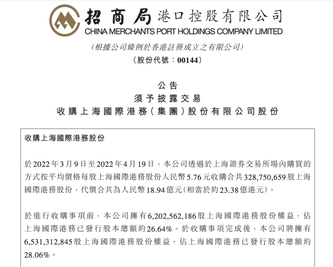 近19億元！招商局港口增持上港集團(tuán)股份