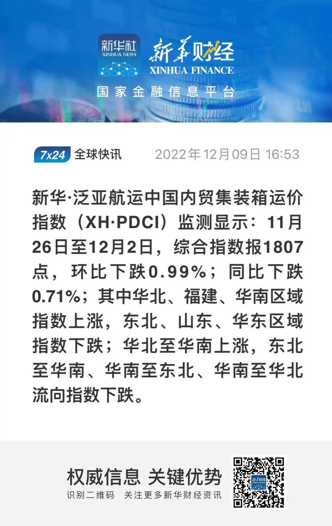 新華·泛亞航運中國內(nèi)貿(mào)集裝箱運價指數(shù)（XH·PDCI）環(huán)比小幅震蕩