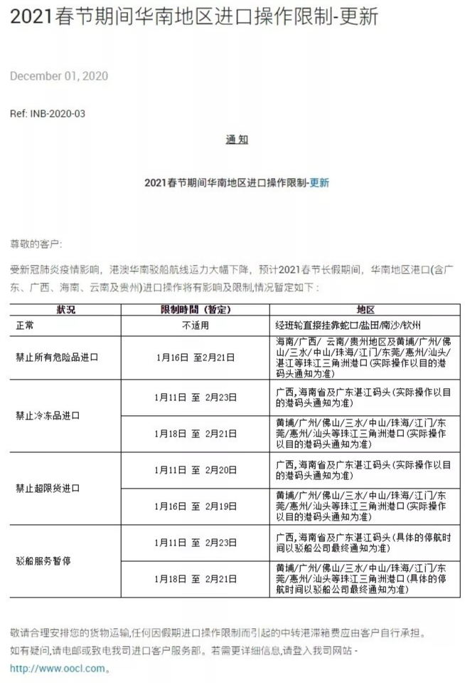 船公司宣布：春節(jié)期間暫時停止接收運(yùn)往華南的貨物